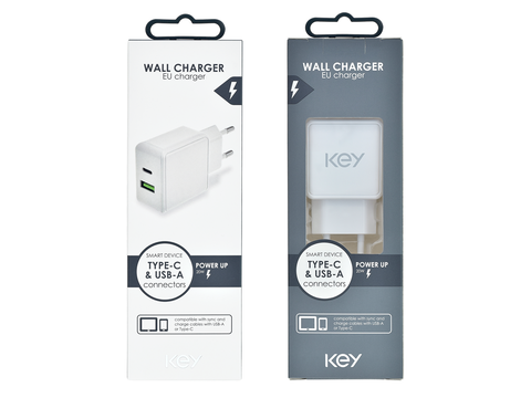 KEY Duo 20W Veggadapter USB-C og USB-A uttak u/kabel
